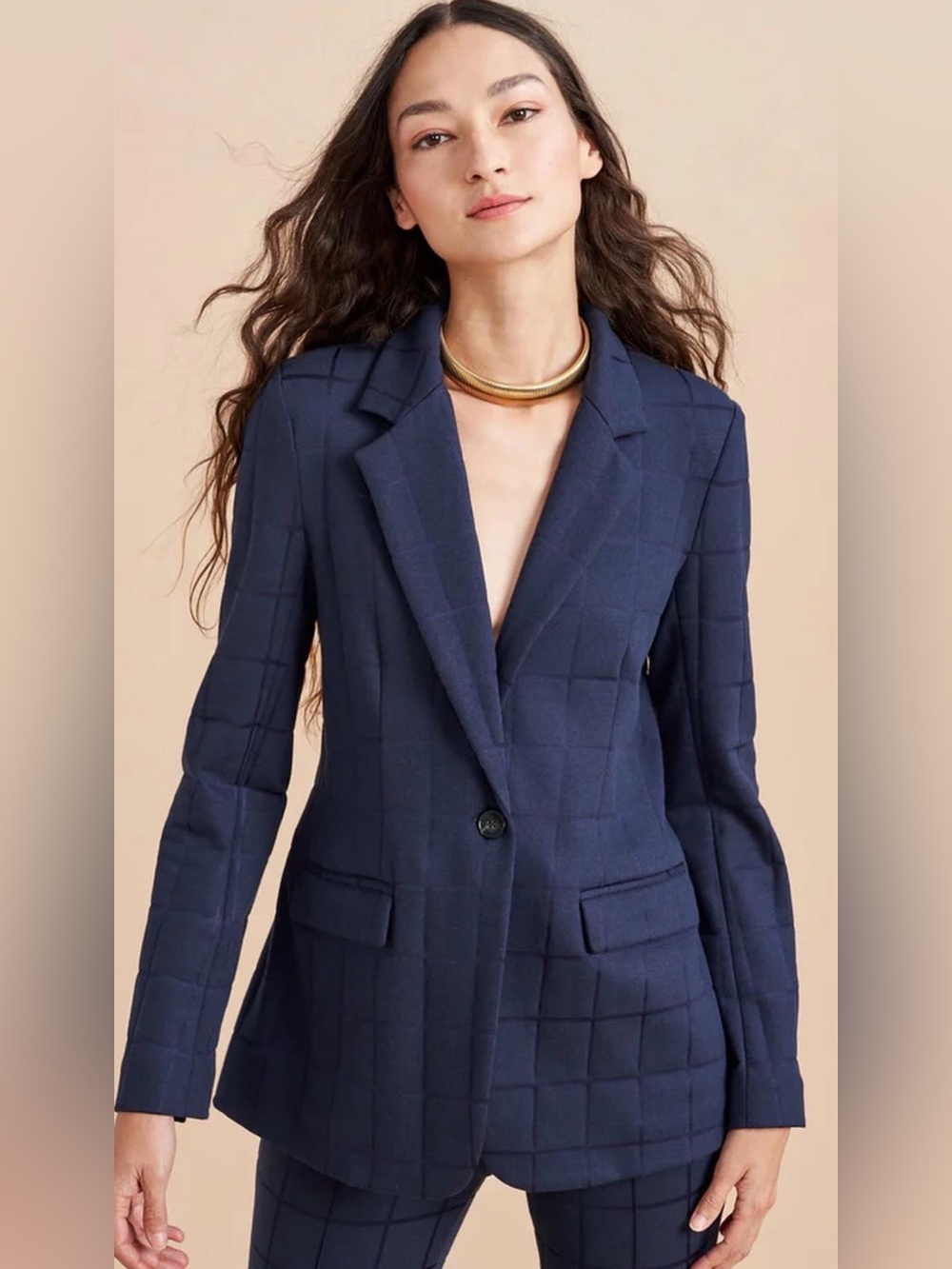La Ligne New York Navy Windowpane One-Button Blazer Sz Small